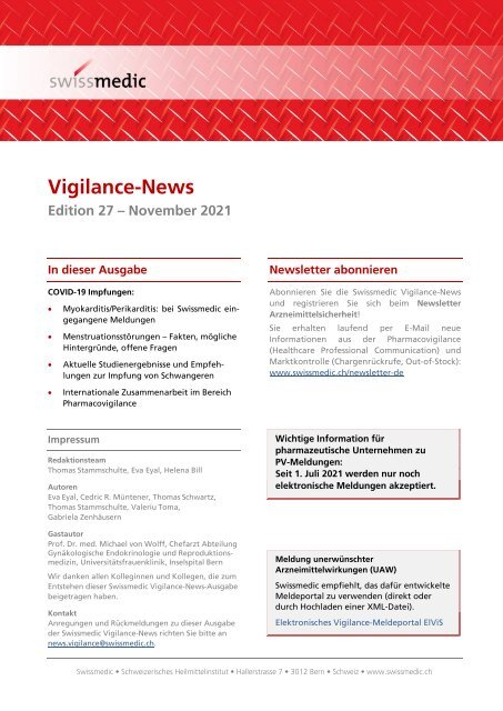 Swissmedic Vigilance-News Edition 27 – November 2021