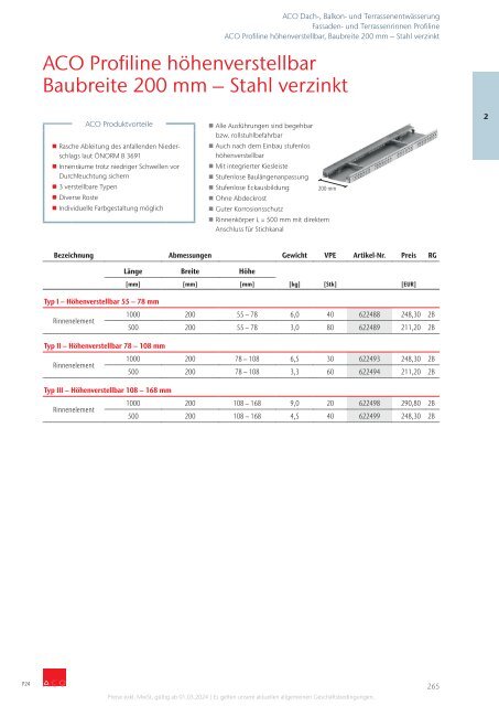 ACO Österreich Bauelemente Preisliste 2024 - Kapitel 2 Dach, Balkon und Terrassenentwässerung