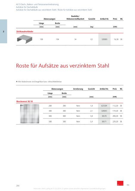 ACO Österreich Bauelemente Preisliste 2024 - Kapitel 2 Dach, Balkon und Terrassenentwässerung