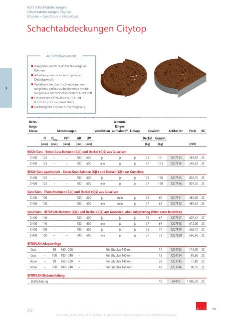 ACO Österreich Bauelemente Preisliste 2024 - Kapitel 3 Schachtabdeckungen