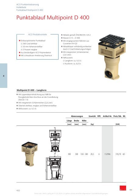 ACO Österreich Bauelemente Preisliste 2024 - Kapitel 4 Punktentwässerung
