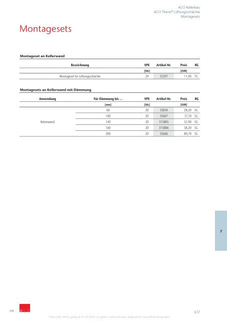 ACO Österreich Bauelemente Preisliste 2024 - Kapitel 7 Kellerbau