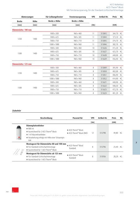 ACO Österreich Bauelemente Preisliste 2024 - Kapitel 7 Kellerbau