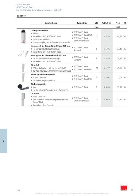 ACO Österreich Bauelemente Preisliste 2024 - Kapitel 7 Kellerbau