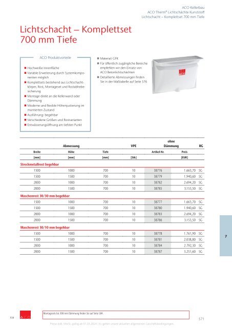 ACO Österreich Bauelemente Preisliste 2024 - Kapitel 7 Kellerbau