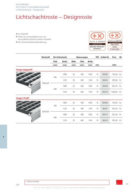 ACO Österreich Bauelemente Preisliste 2024 - Kapitel 7 Kellerbau