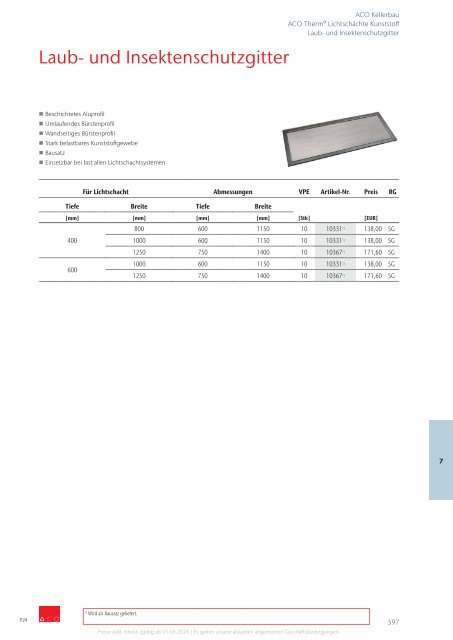 ACO Österreich Bauelemente Preisliste 2024 - Kapitel 7 Kellerbau