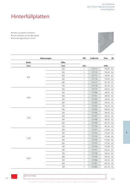 ACO Österreich Bauelemente Preisliste 2024 - Kapitel 7 Kellerbau