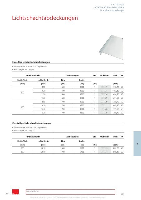 ACO Österreich Bauelemente Preisliste 2024 - Kapitel 7 Kellerbau