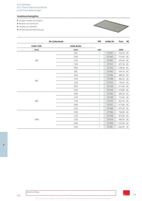 ACO Österreich Bauelemente Preisliste 2024 - Kapitel 7 Kellerbau