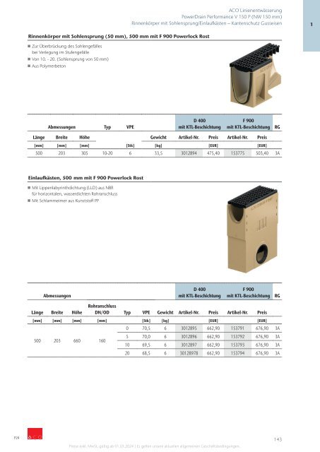 ACO Österreich Bauelemente Preisliste 2024 - Kapitel 1 Linienentwässerung