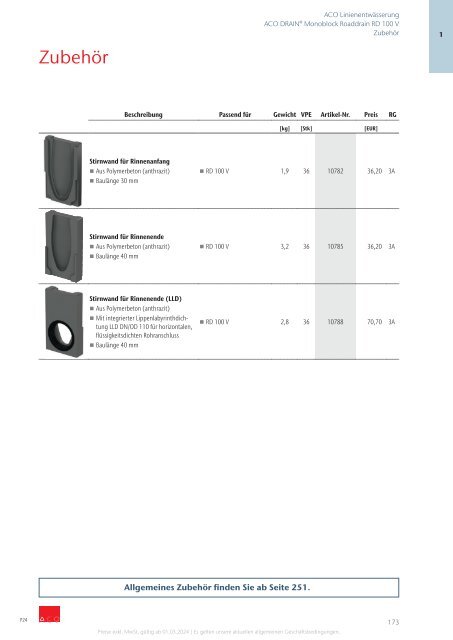 ACO Österreich Bauelemente Preisliste 2024 - Kapitel 1 Linienentwässerung