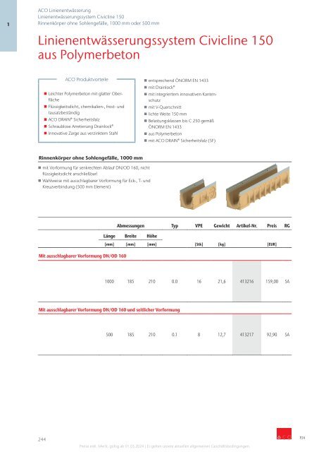 ACO Österreich Bauelemente Preisliste 2024 - Kapitel 1 Linienentwässerung