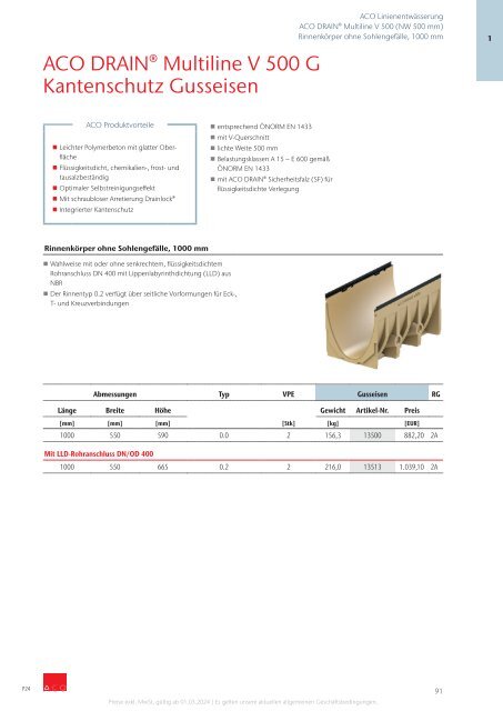 ACO Österreich Bauelemente Preisliste 2024 - Kapitel 1 Linienentwässerung