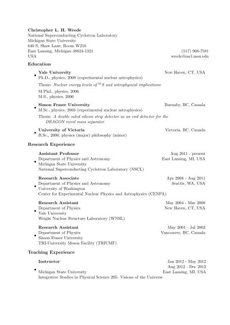 Curriculum Vitae - National Superconducting Cyclotron Laboratory ...