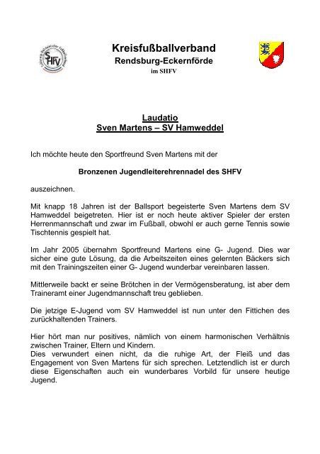 Laudatio Sven Martens – SV Hamweddel - Kreisfußballverband ...