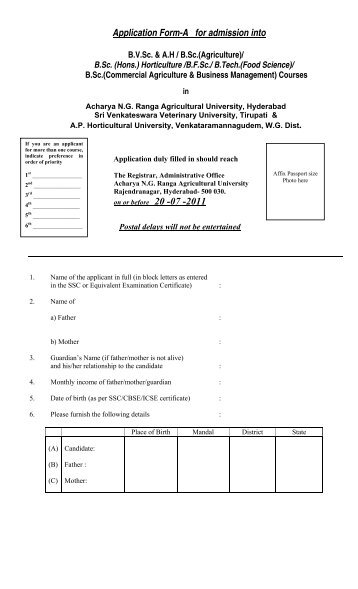 Application Form-A for admission into - Acharya N.G. Ranga ...