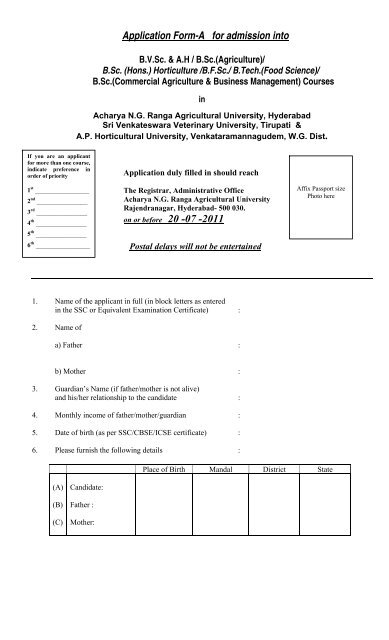 Application Form-A for admission into - Acharya N.G. Ranga ...