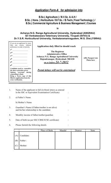 Application Form-A for admission into - Acharya N.G. Ranga ...