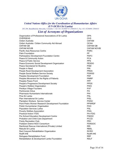 List of Acronyms of Organizations - Humanitarian Portal – Sri Lanka