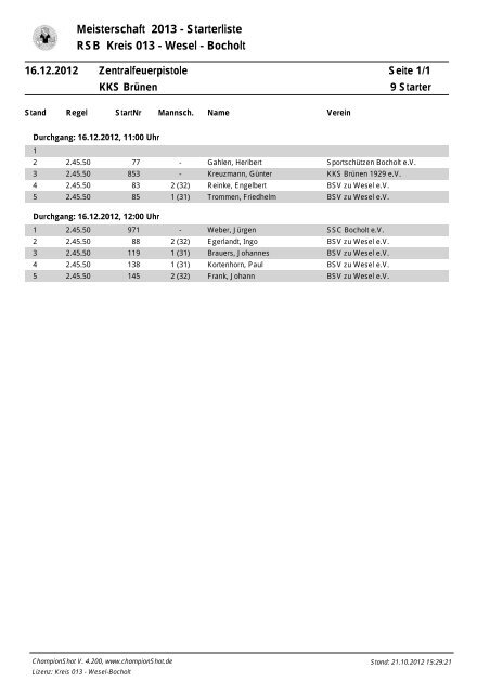 Meisterschaft 2013 - Starterliste RSB Kreis 013 - Wesel - Bocholt