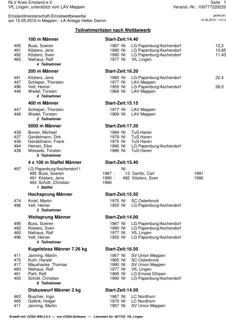 Teilnehmerlisten nach Wettbewerb 100 m Männer Start ... - VfL Lingen