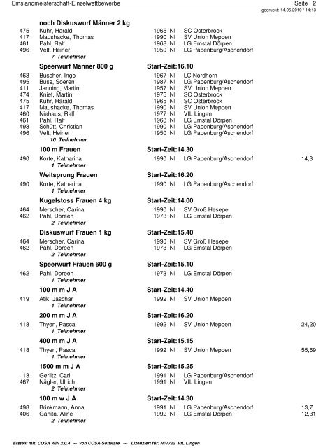 Teilnehmerlisten nach Wettbewerb 100 m Männer Start ... - VfL Lingen