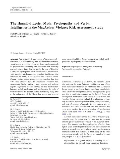 The Hannibal Lecter Myth: Psychopathy and Verbal Intelligence in ...