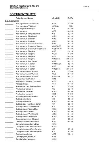 SORTIMENTSLISTE - Solitär Haselberger & Pilz OEG