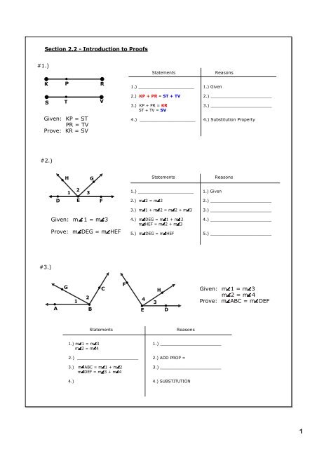 Given: KP = ST PR = TV Prove: KR = SV Given: m 1 = m 3 Prove: m ...