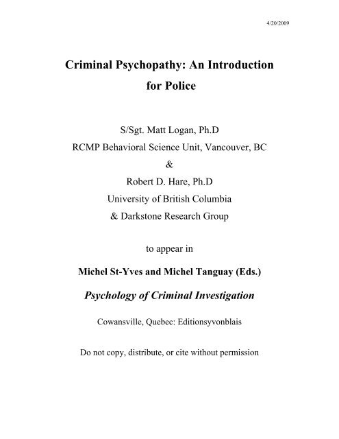 Criminal Psychopathy: An Introduction for Police - Dr. Matt Logan