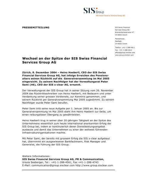 Wechsel an der Spitze der SIS Swiss Financial Services Group AG