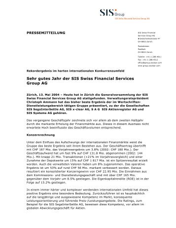 Sehr gutes Jahr der SIS Swiss Financial Services Group AG