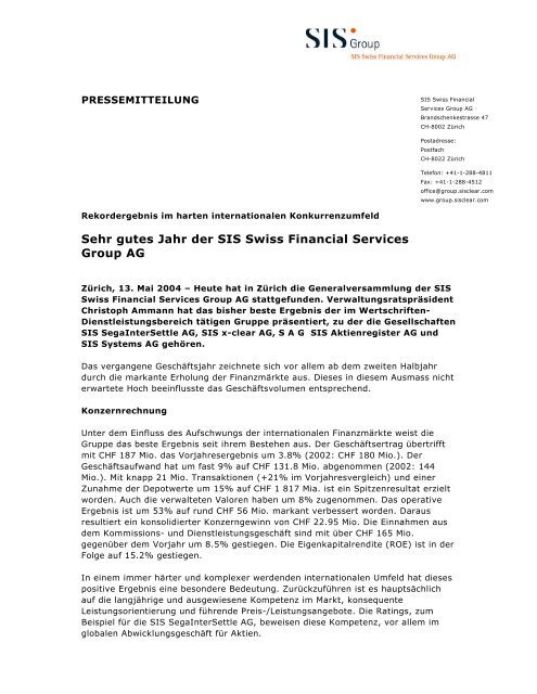 Sehr gutes Jahr der SIS Swiss Financial Services Group AG