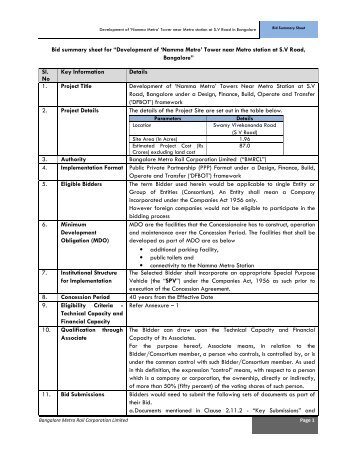 Bid summary sheet for “Development of 'Namma ... - Bangalore Metro