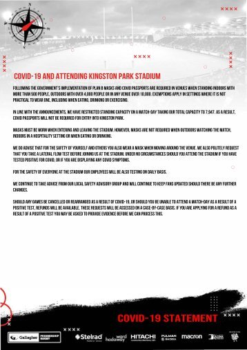 COVID-19 statement - attending Kingston Park Stadium 