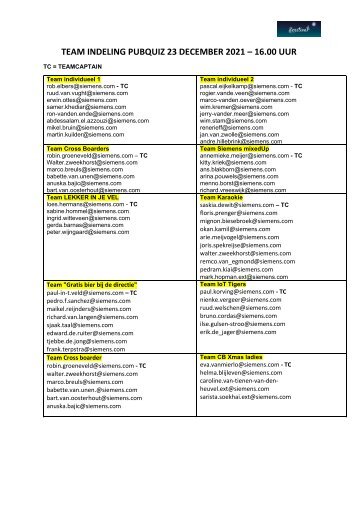 TEAM INDELING PUBQUIZ 23 DECEMBER 2021