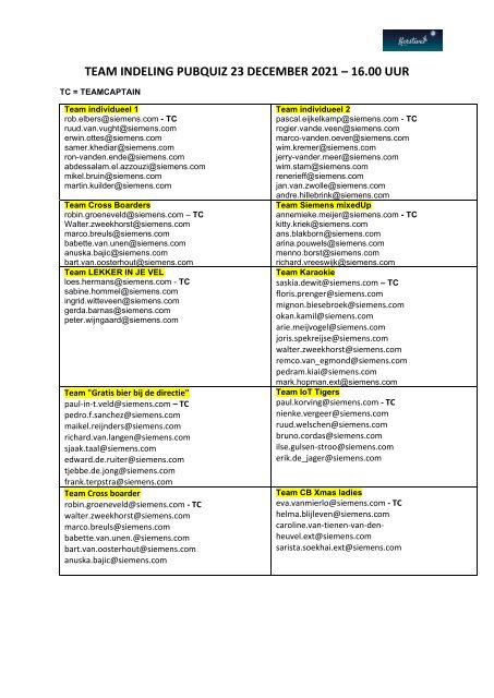 TEAM INDELING PUBQUIZ 23 DECEMBER 2021
