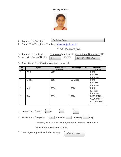 Faculty Details √ √ √ - Symbiosis International University