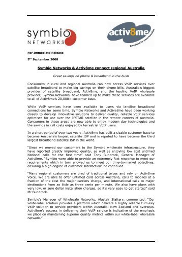 Activ8me Symbio VoIP - Press Release - Symbio Networks