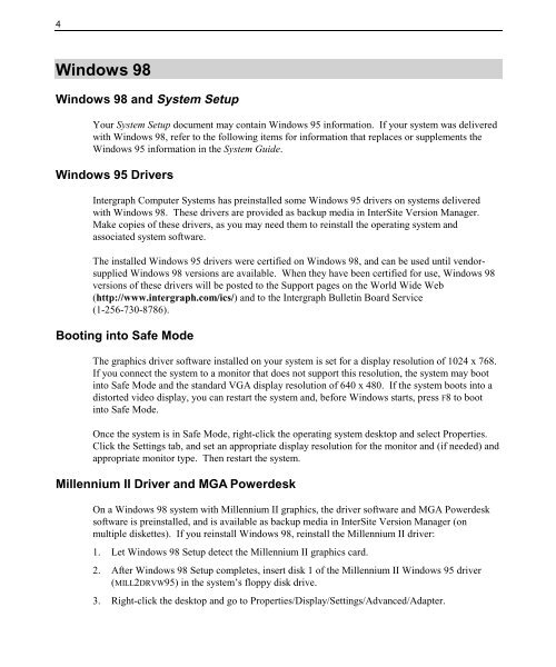 Windows 98 - Support - Intergraph