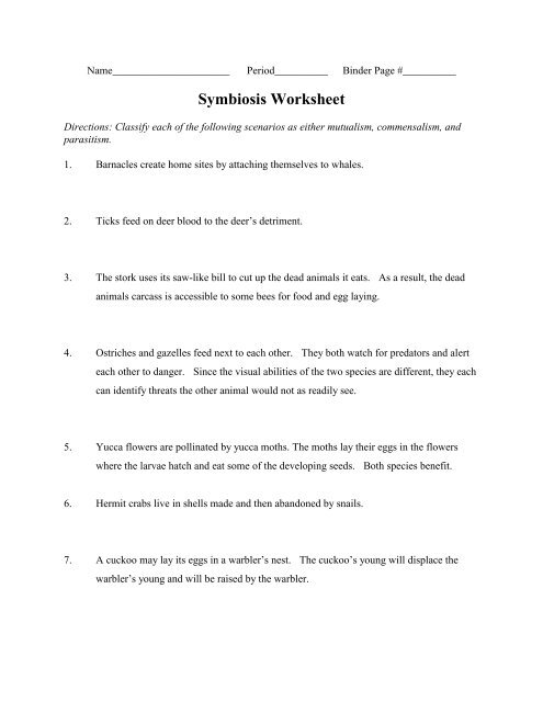 Symbiosis Worksheet Multiple Choice