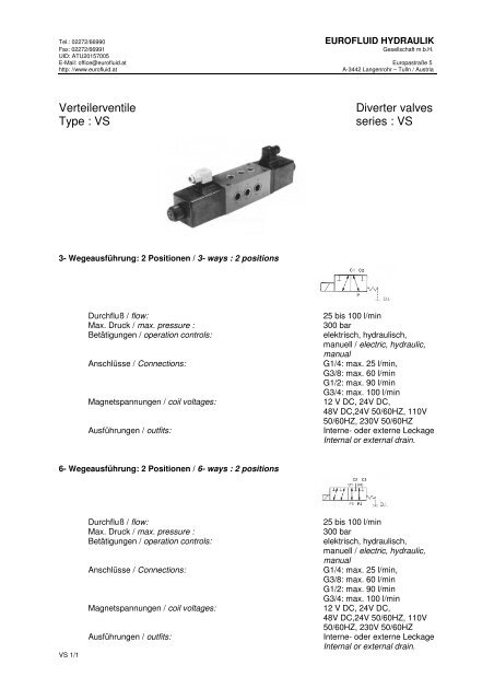 Verteilerventile Diverter valves Type : VS series ... - Eurofluid Hydraulik