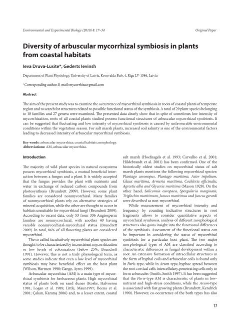 Diversity of arbuscular mycorrhizal symbiosis in plants from coastal ...