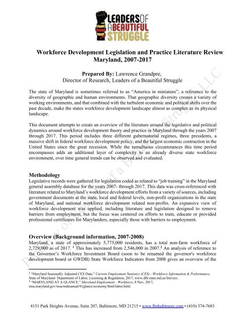 Workforce Development Legislation and Practice Literature Review, Maryland, 2007-2017