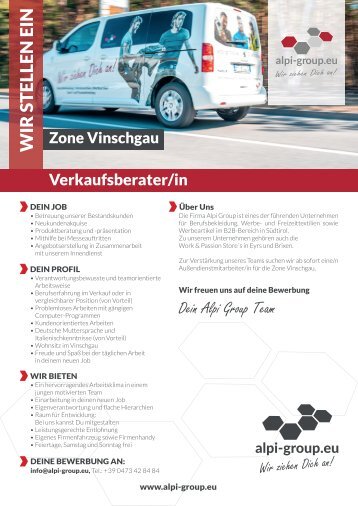 Verkaufsberater/in im Außendienst für die Zone Vinschgau