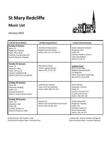 St Mary Redcliffe January 2022 Music List 