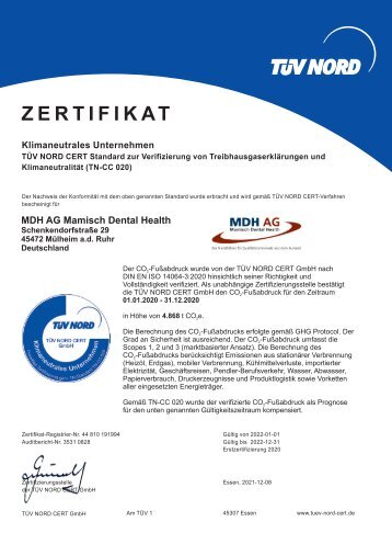 Zertifikat Klimaneutrales Unternehmen - MDH AG Mamisch Dental Health 