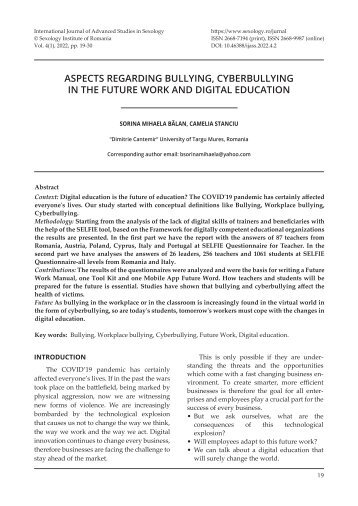 ASPECTS REGARDING BULLYING, CYBERBULLYING IN THE FUTURE WORK AND DIGITAL EDUCATION