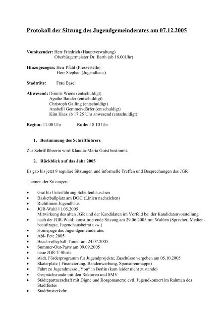 Protokoll der Sitzung des Jugendgemeinderates ... - Bad Mergentheim